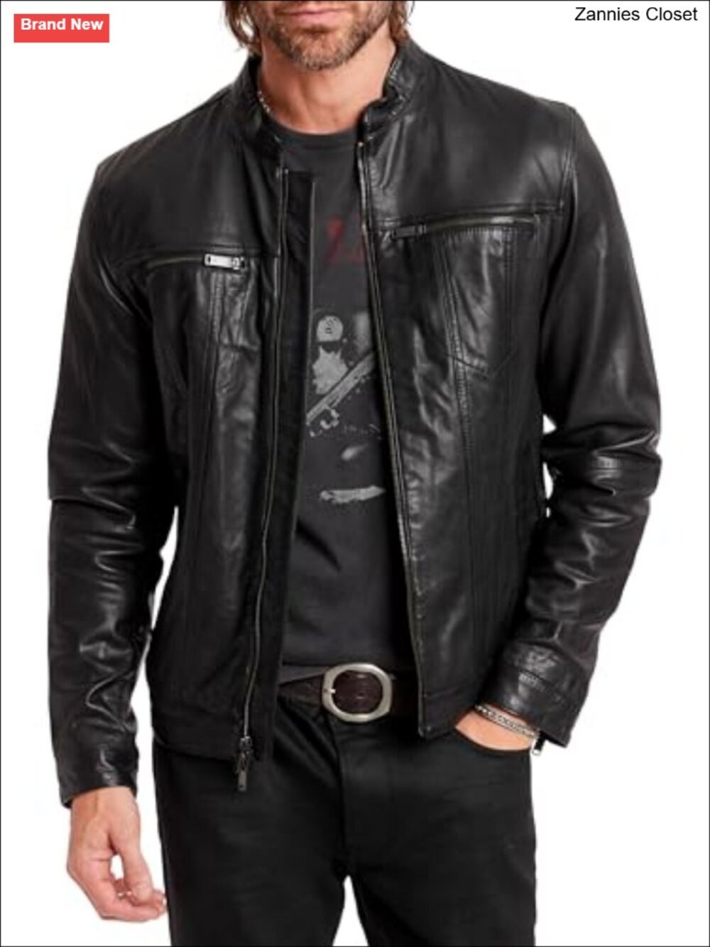 Men's Brando Leather Jacket Aviator Fitted Long Sleeve Zip Front